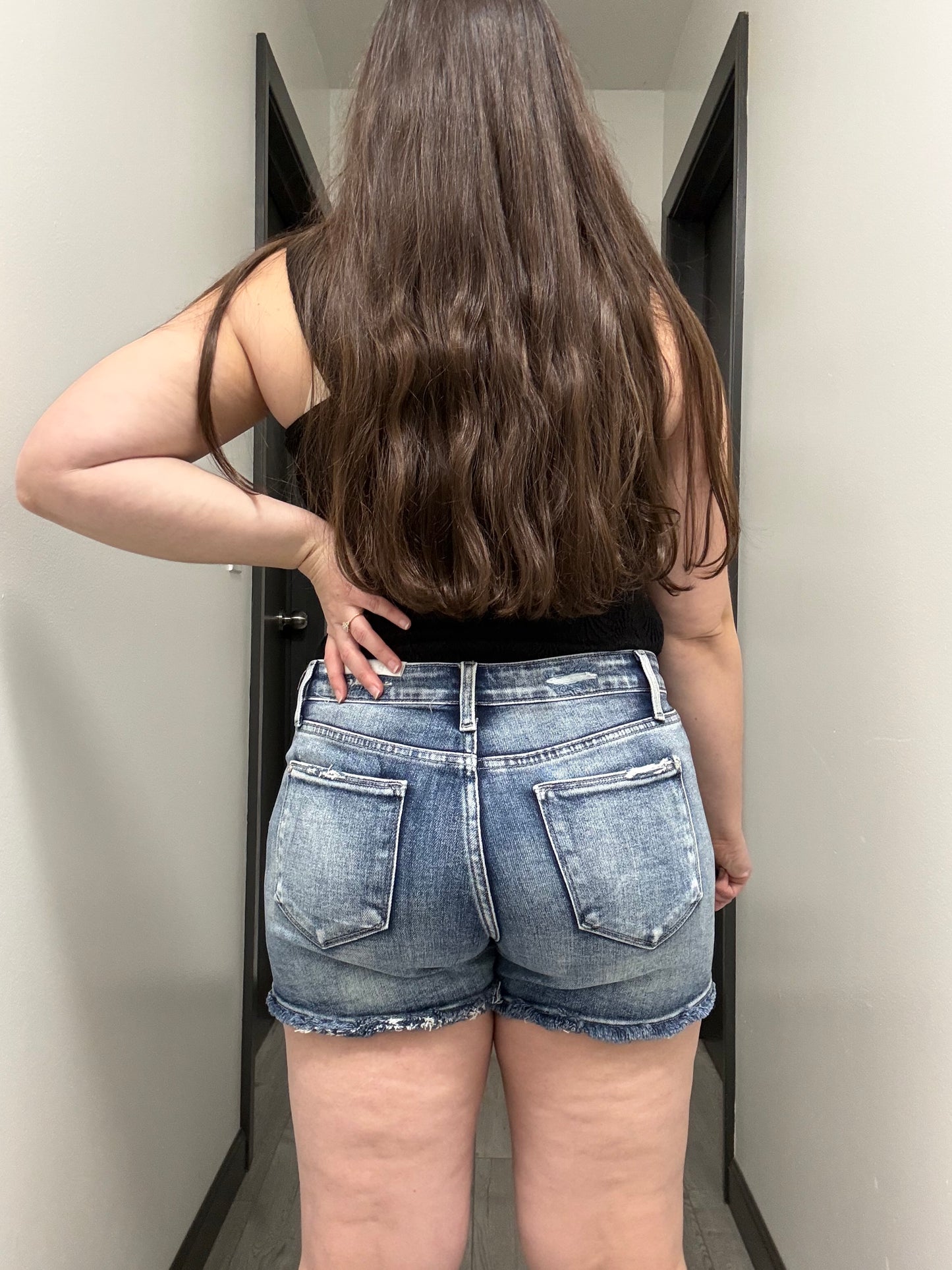 Dark Raw Hem Denim Shorts