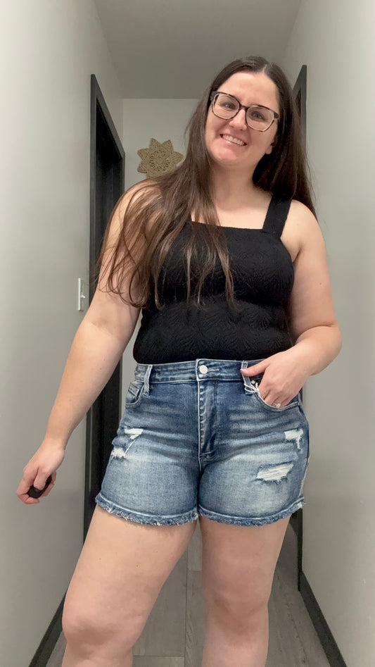 Dark Raw Hem Denim Shorts
