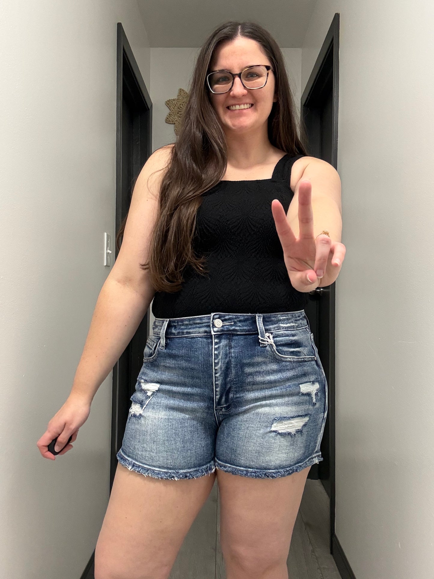 Dark Raw Hem Denim Shorts