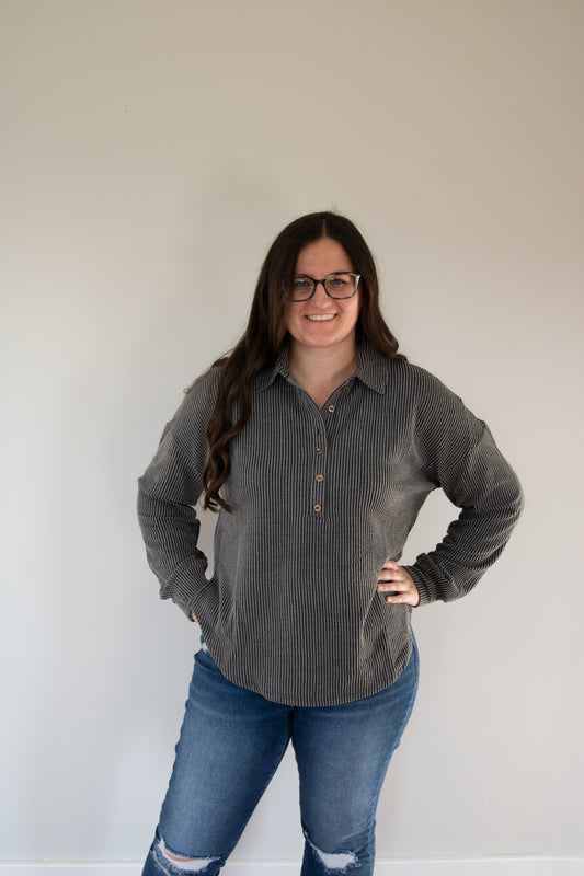 Pinstripe Collared Long Sleeve